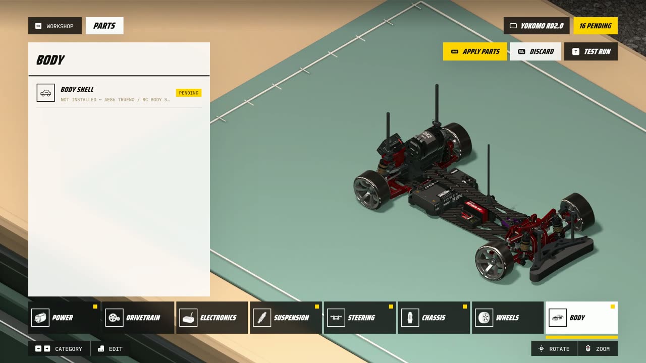 An RC drift chassis assembled on the workshop bench