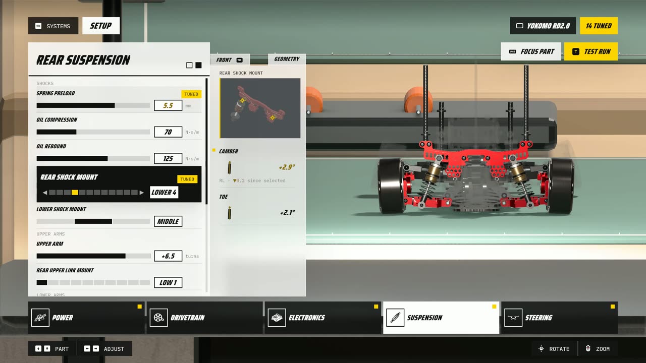 The suspension setup screen with spring, oil and camber values
