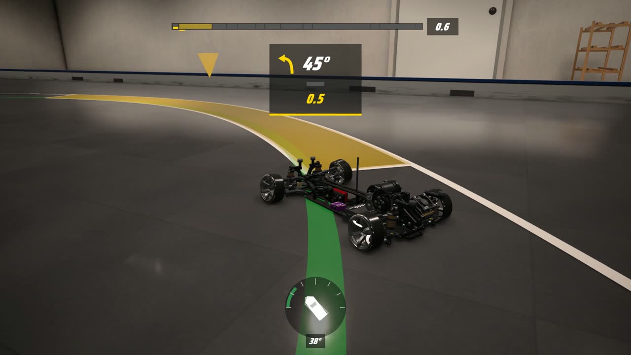 A car drifting through a judged clipping zone in the warehouse
